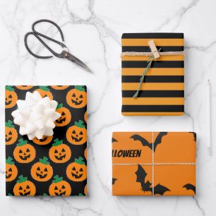 Feuille De Papier Cadeau Halloween chauves-souris Citrouilles rayures orang