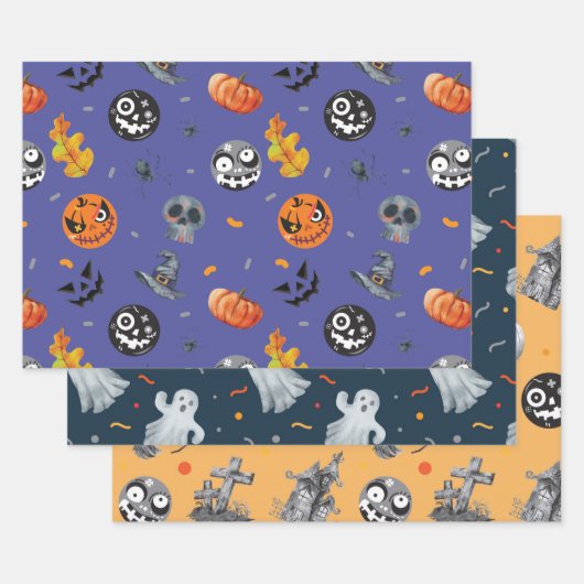 Feuille De Papier Cadeau Halloween Citrouille Skeleton Haunted House Gravey (Lot)