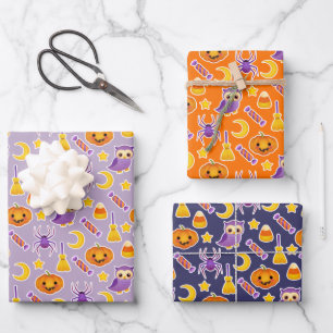 Feuille De Papier Cadeau Halloween Citrouilles, hibou et bonbons