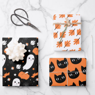 Feuille De Papier Cadeau Halloween Fantôme, Chat, Chute Éffrayante