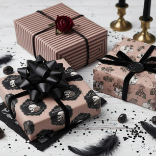 Feuille De Papier Cadeau Halloween gothique Vintage Rose crânes et rayures