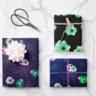 Feuille De Papier Cadeau Halloween Neon rose et vert crâne brillant guerre