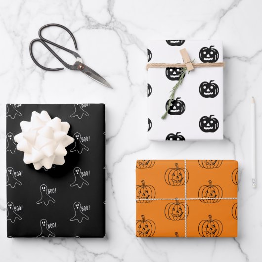 Feuille De Papier Cadeau Halloween noir orange blanc fantôme Jack-o'-lanter (Recto)
