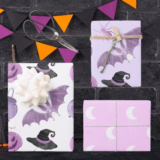 Feuille De Papier Cadeau Halloween Pink Purple Bat Witch Casquette Lantern