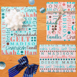 Feuille De Papier Cadeau Hanoukka Collage Vintage Cute Ajouter Nom enfant<br><div class="desc">Personnalisez cet assortiment de feuilles de papier d'emballage Hanoukka mignonnes dans des couleurs rétro vintages de corail et de turquoise dans une conception de collage de mot où vous pouvez ajouter le nom de votre enfant pour un de l'une des enveloppes cadeau Chanukah. Le modèle texte facile à utiliser permet...</div>