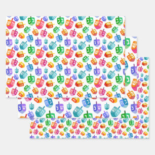 Feuille De Papier Cadeau Hanoukka Dreidels Rainbow Watercolor Holiday
