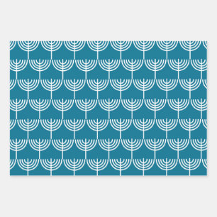 Feuille De Papier Cadeau Hanoukka Menorah Motif en Turquoise et blanc