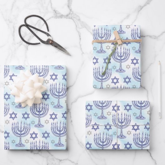 Feuille De Papier Cadeau Hanukkah Menorah Star of David Doodle Art Style (Recto)