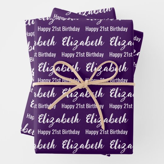 Feuille De Papier Cadeau Happy 21st Birthday Script Name Dark Purple White (En situation)