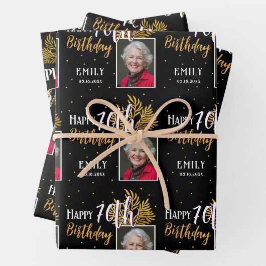 Feuille De Papier Cadeau Happy 70th Birthday Black Gold Foliage Photo (En situation)