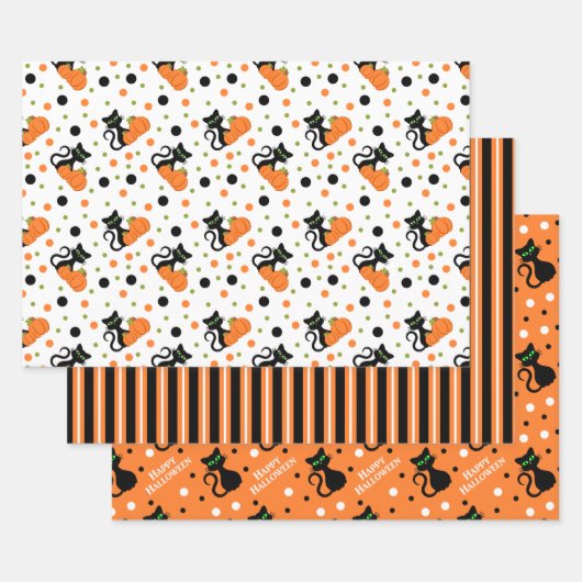 Feuille De Papier Cadeau Happy Halloween Chat Noir Stripes À petits pois (Lot)
