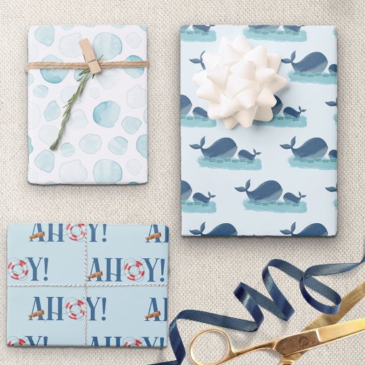Feuille De Papier Cadeau Happy Whale Ocean Bubble Nautical Ahoy Set de 3