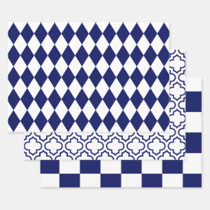 Feuille De Papier Cadeau Harlequin Marocain Damier DIY Couleurs Blanc Bleu