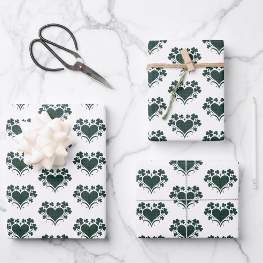 Feuille De Papier Cadeau Heart Shamrock Plaid Blue Green Tartan Clover (Recto)