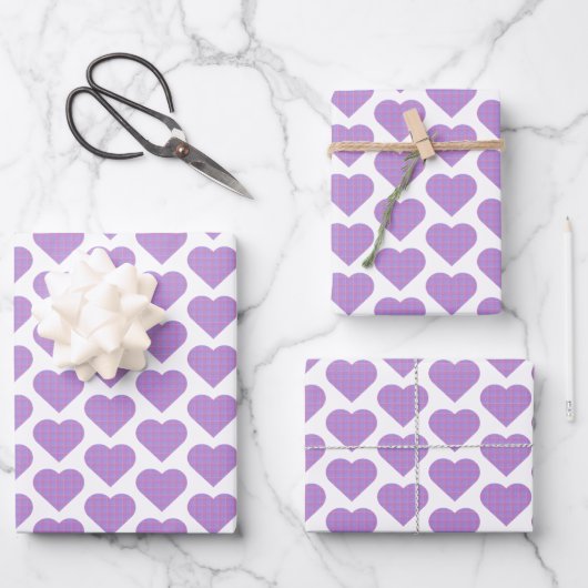 Feuille De Papier Cadeau Heart Shape Plaid Pink Purple (Recto)