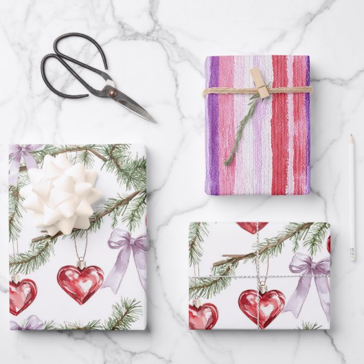 Feuille De Papier Cadeau Hearts Trees Red Purple Bows Stripes Christmas (Recto)