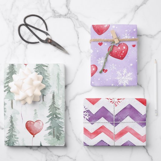 Feuille De Papier Cadeau Hearts Trees Snowflakes Red Purple Christmas (Recto)