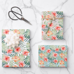 Feuille De Papier Cadeau Hibiscus floral de Peach rose tropical  