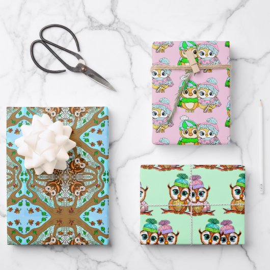 Feuille De Papier Cadeau Hibou à thème Anniversaire et Noël (Recto)