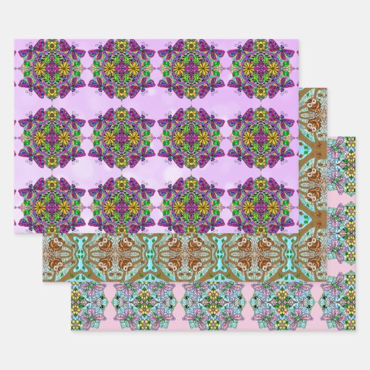 Feuille De Papier Cadeau Hibou, papillon et libellule Anniversaire (Lot)