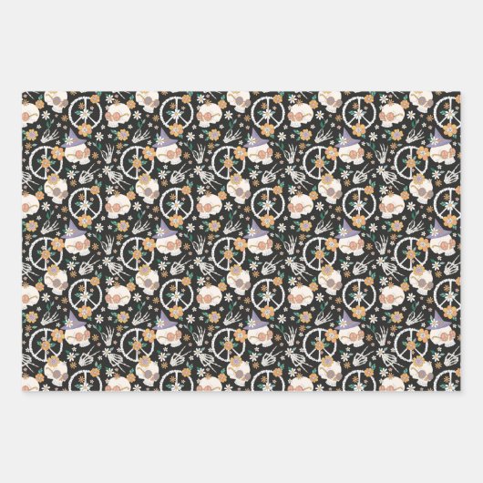 Feuille De Papier Cadeau Hippie Halloween Skulls et Fleurs Motif (Devant 2)
