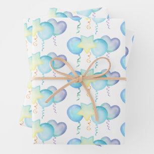 Feuille De Papier Cadeau Hippo Anniversaire bleu doux cadeau ballon