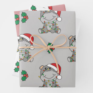 Feuille De Papier Cadeau Hippo Noël Animaux d'hiver Vacances Hippopotames