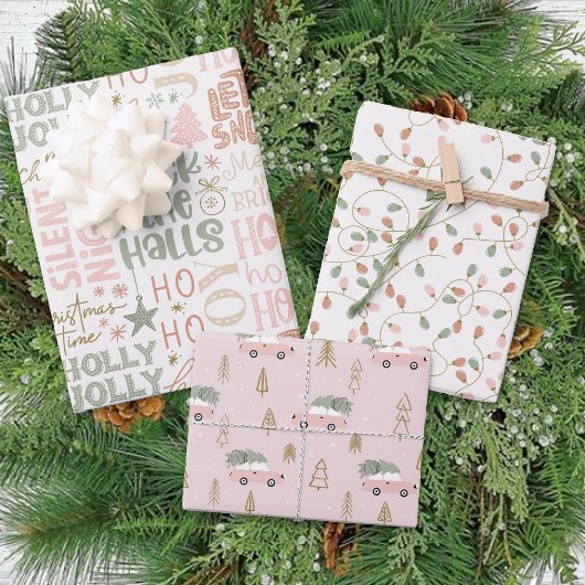 Feuille De Papier Cadeau Hiver Amusement Rose Vert Pastel Holly Jolly Noël