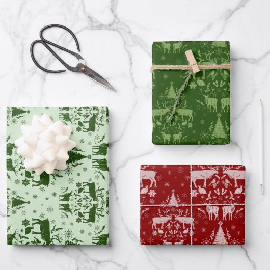 Feuille De Papier Cadeau Hiver Bois Damas avec rennes et sapins (Recto)