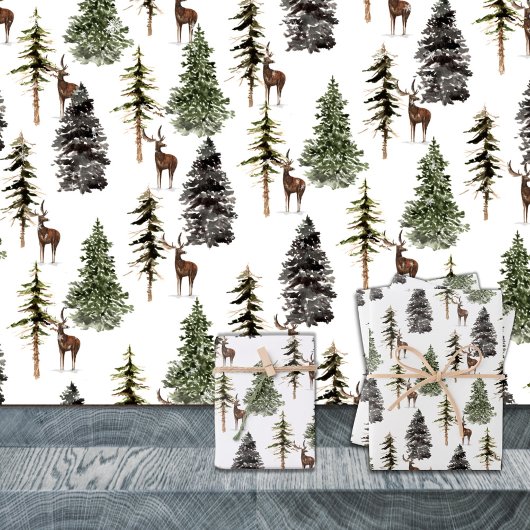Feuille De Papier Cadeau Hiver Bois Pine Tree Forêt Reinder