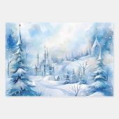 Feuille De Papier Cadeau Hiver Fairytale Snowy Houses Scène Bleu et Blanc (Devant 3)