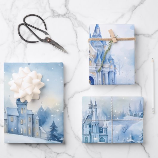 Feuille De Papier Cadeau Hiver Fairytale Snowy Houses Scène Bleu et Blanc (Recto)