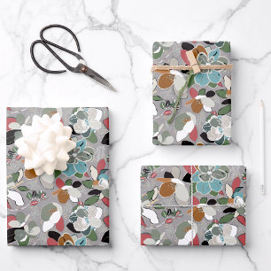 Feuille De Papier Cadeau Hiver Floral Gris Noir