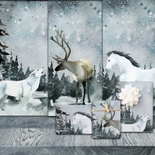 Feuille De Papier Cadeau Hiver Forêt de bois Blanc Wolf Stag & Horse