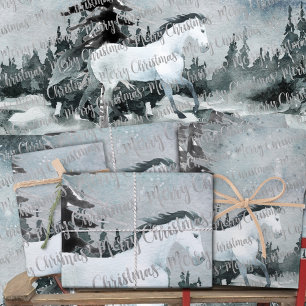 Feuille De Papier Cadeau Hiver Forêt de bois Cheval blanc Joyeux Noël