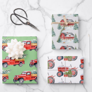 Feuille De Papier Cadeau Hiver Grange Tracteur & Truck Trio