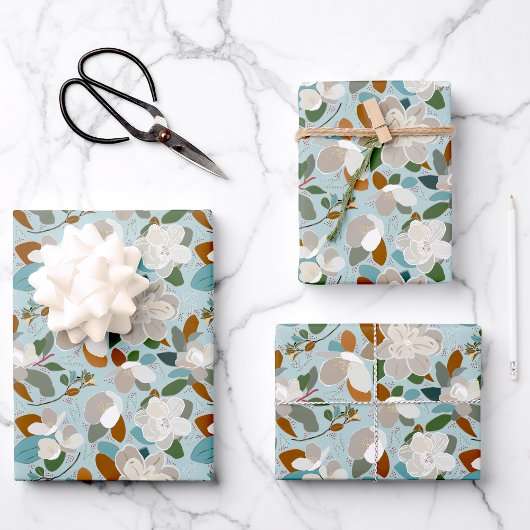 Feuille De Papier Cadeau Hiver Magnolia Floral Blue Grey