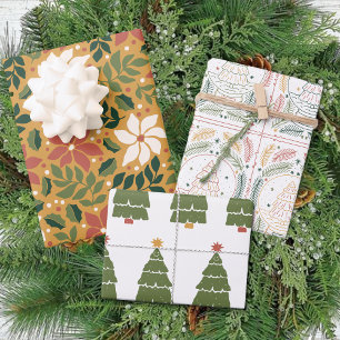 Feuille De Papier Cadeau Hiver Moderne Arbres Rétro Noël