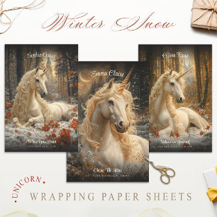 Feuille De Papier Cadeau Hiver Neige Unicorn Château Imaginaire Cheval Magi