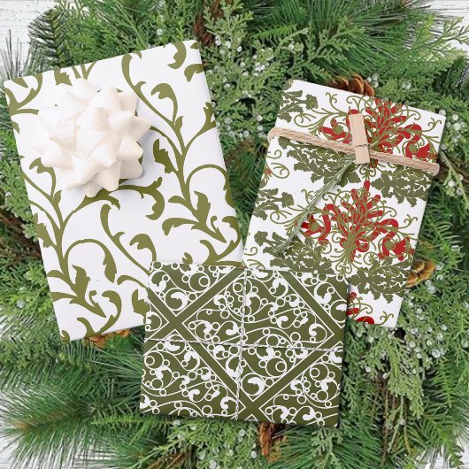 Feuille De Papier Cadeau Hiver Rouge Vert Damas traditionnel Noël