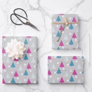 Feuille De Papier Cadeau Holiday Christmas tree bleu rose simple