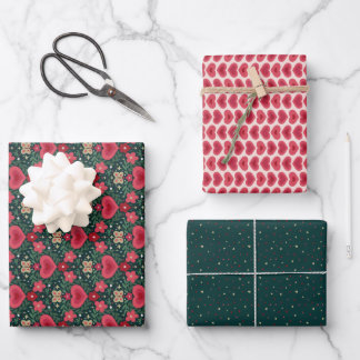 Feuille De Papier Cadeau Holiday Wrapping Paper Set – Hearts, Flowers, Dots
