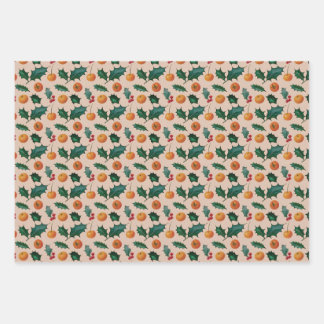 Feuille De Papier Cadeau Holiday Wrapping Paper with Fruit & Holly, Pink