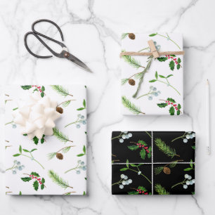 Feuille De Papier Cadeau Holly Berries Mistletoe Ferns Motif de Noël 