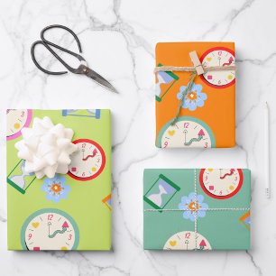 Feuille De Papier Cadeau Horloge mignonne et fête des fleurs