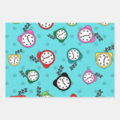 Feuille De Papier Cadeau Horloge réveil bleu vert beige (Devant)