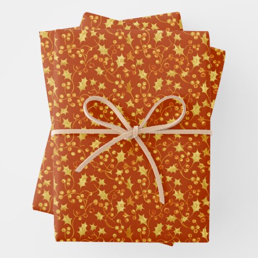 Feuille De Papier Cadeau Houx doré (En situation)