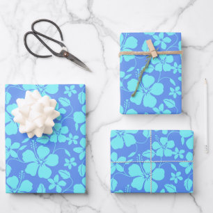 FEUILLE DE PAPIER CADEAU HULA HAWAIEN (HIBISCUS) PERVENCHE/TEAL