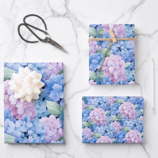 Feuille De Papier Cadeau Hydrangea Bleu et Rose Élégant (Recto)