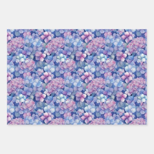 Feuille De Papier Cadeau Hydrangée rose bleu florale en fleur (Devant 3)